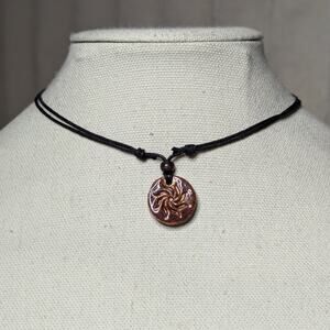 Earthy Red Ceramic Pendant Spiral Sun Charm Boho Whimsigoth Choker Necklace